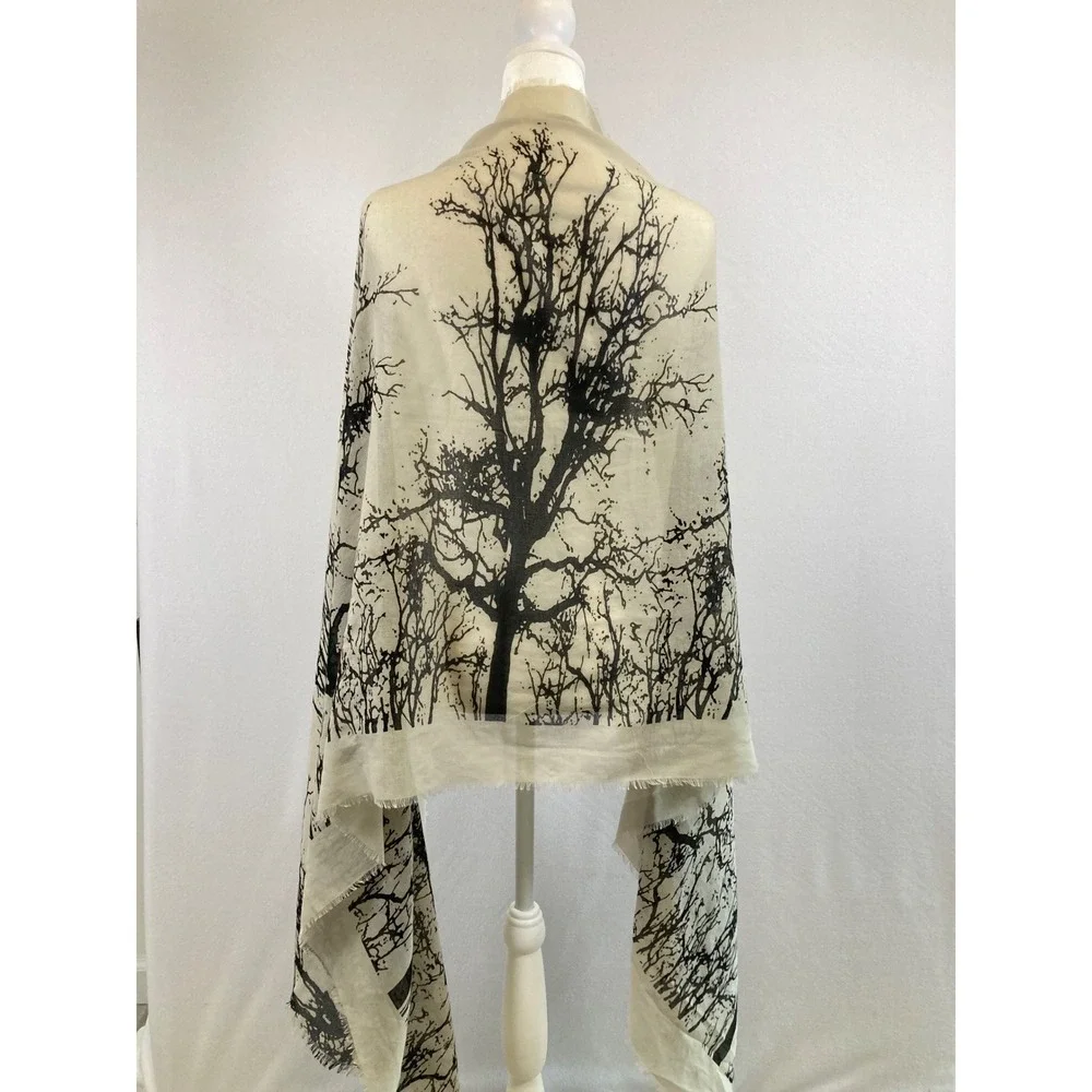 Naturecore Steve Madden Womens OS Cream Black Tree Print Fringe Wrap Scarf